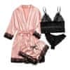 Dámská 4dílná sada spodního prádla, dámská pyžama s krajkovým vzorem a nádechem hedvábí a saténu, jemná růžovo-černá kombinace, jemná a pohodlná, kalhotky, župan, brazilky a podprsenka, LuxurySet