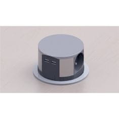 Solight výsuvný blok, 3 zásuvky, 2x USB, kruhový tvar nízký, prodlužovací přívod 1,5m, 3 x 1mm2, stříbrný