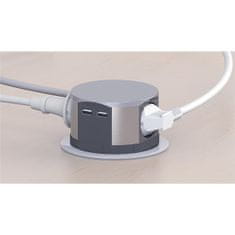 Solight výsuvný blok, 3 zásuvky, 2x USB, kruhový tvar nízký, prodlužovací přívod 1,5m, 3 x 1mm2, stříbrný