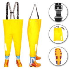 3Kamido Dětské brodící kalhoty žlutá kachňata - nastavitelný pás, odolný postroj, spona FixLock, ochranný oblek, prsačky, kalhotoboty, rybářské kalhoty pro děti, pro teenagery 20 - 35 EU, Žlutá kachňata 22/23