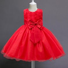 Northix Večerní šaty s mašlí a květinami - červená 